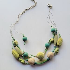 Boho Green Beaded Statement Necklace Turquoise Wood Rattan Multi Strand Layered